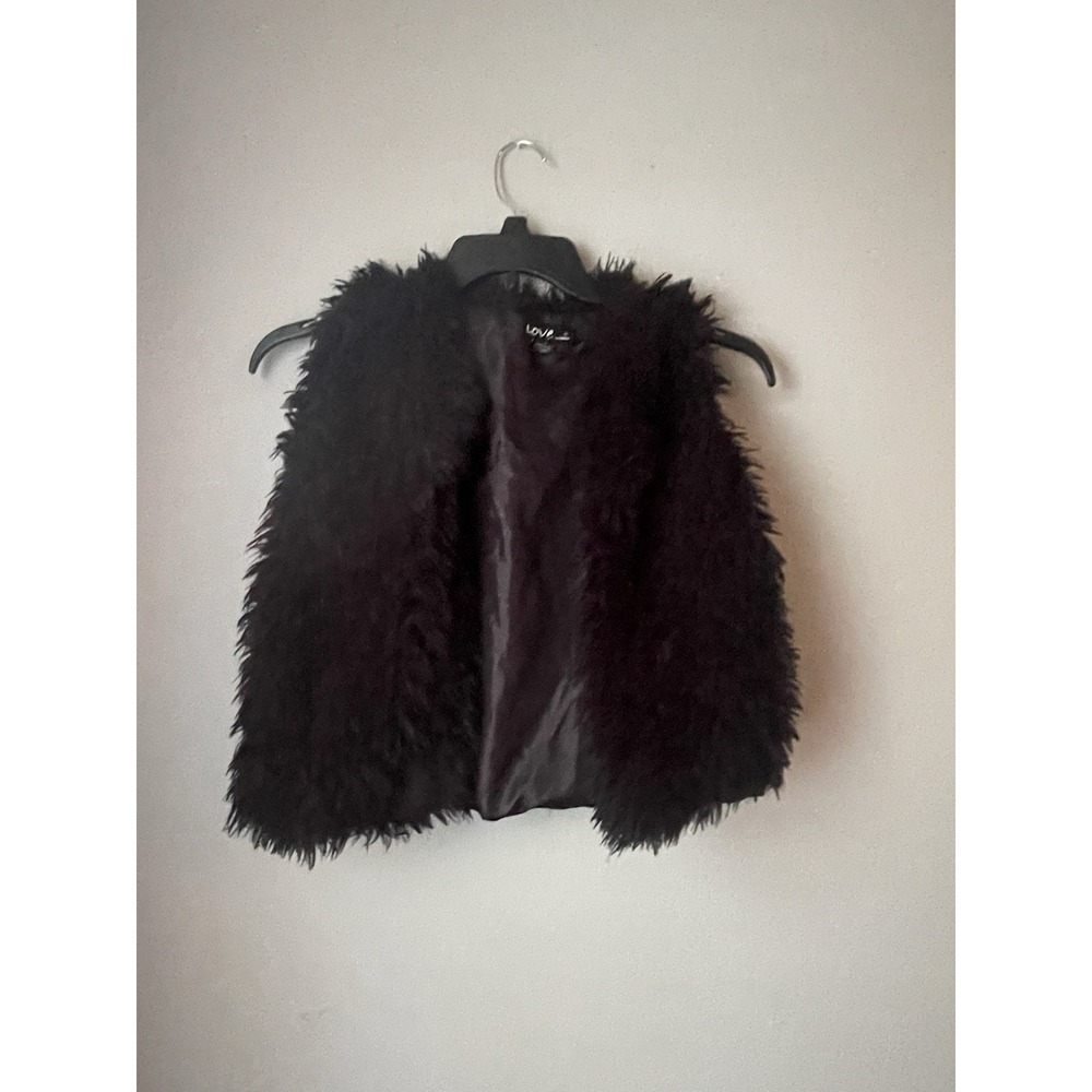 Love By Chesley Black Furry Shaggy Open Front‎ Sweater Vest Womens Size Small